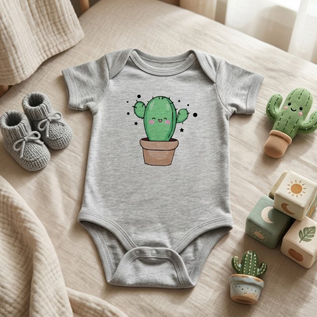 Body Para Bebê Bebê Cactus Kawaii sorridente em vaso com estrelas (Cute smiling Kawaii Baby Cactus in vase with stars. Baby Grey Bodysuit)