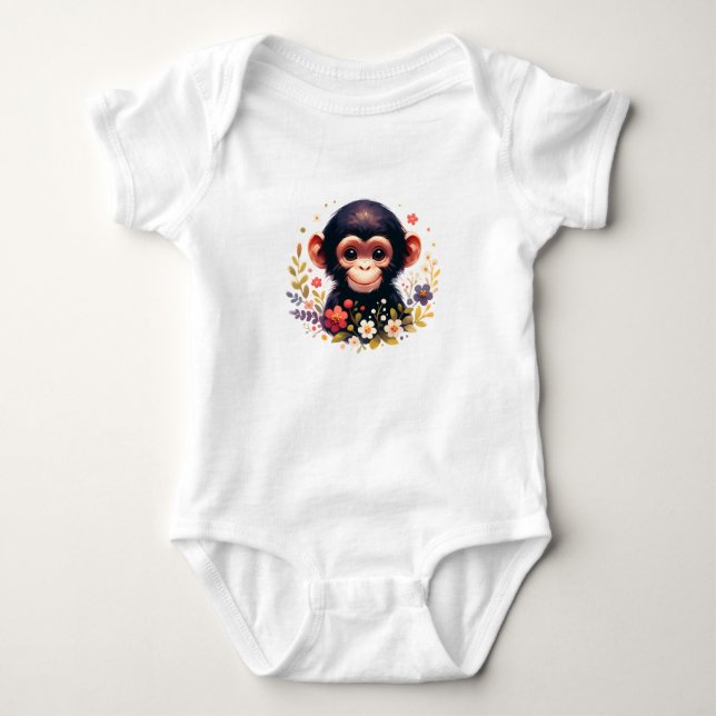 Body Para Bebê Bebê Chimpanzé Fofo com Flores (Frente)