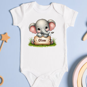 Body Para Bebê Bebê Elefante Fofo Segurando uma Placa de Nome