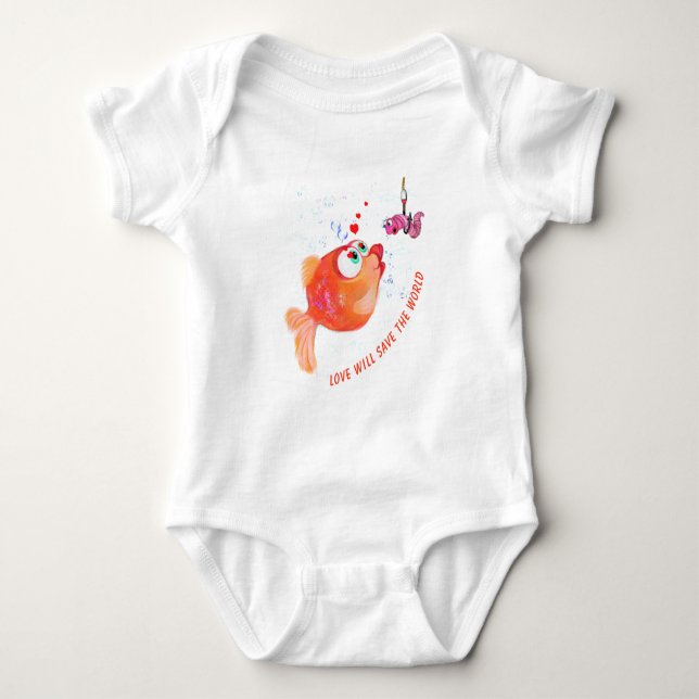 Body Para Bebê Bebê Engraçado com Peixe Feliz e Verme (Frente)