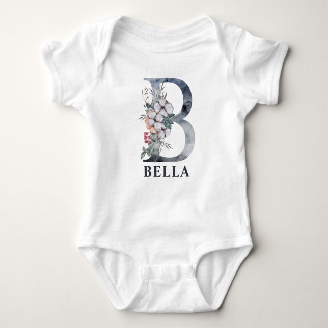 Body Para Bebê Bebê Floral Personalizado Nome Bebê Inicial B (Frente)