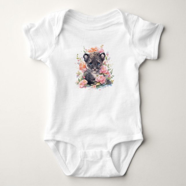 Body Para Bebê Bebê Gato Gato Pantera Preta com Flores (Frente)