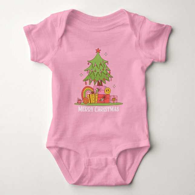 Body Para Bebê Bebê Menina Árvore de Natal Retro Rosa (Frente)