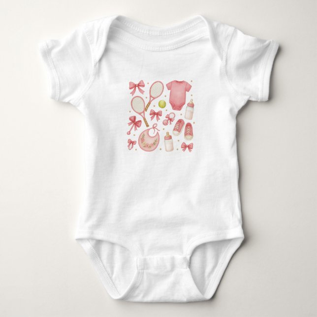 Body Para Bebê Bebê Menina de Ténis tema Rosa com raquete  (Frente)