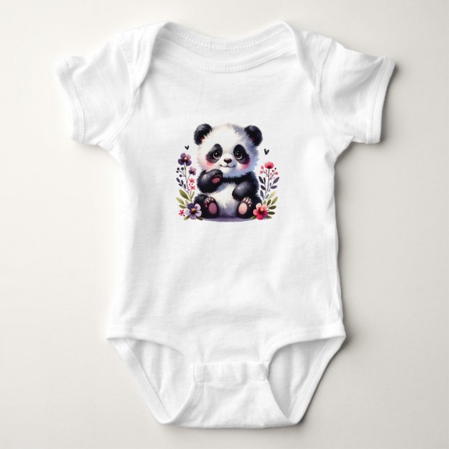 Body Para Bebê Bebê Panda Fofo com Flores | Animal Adorável  (Frente)