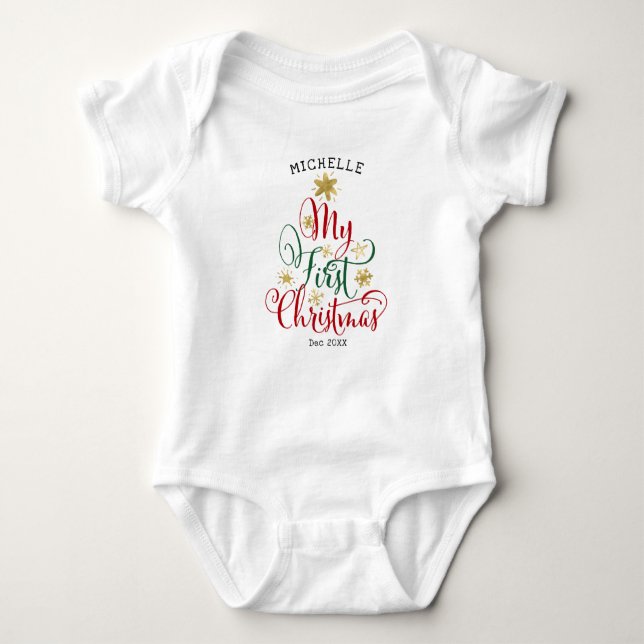 Body Para Bebê Bebê primeira roupa de Natal vermelha verde (Frente)