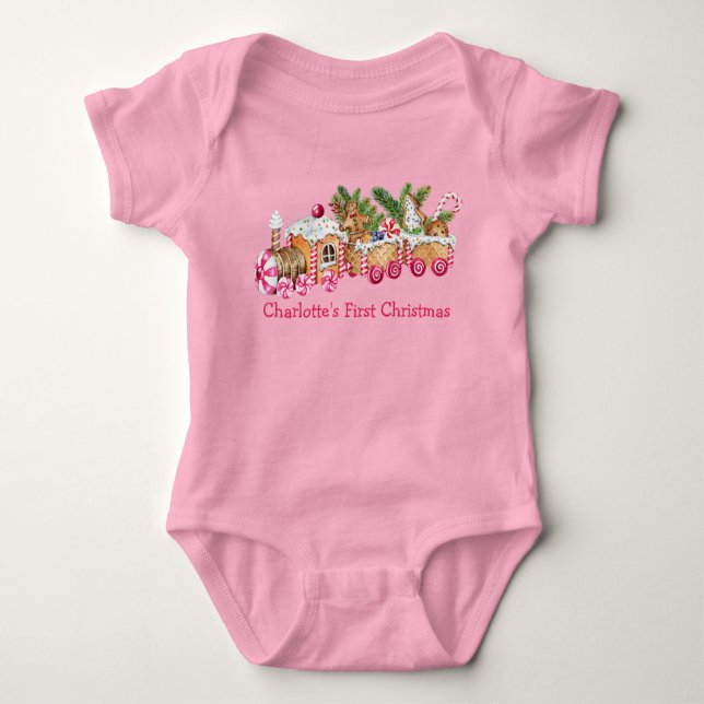 Body Para Bebê Bebê Primeiro Natal Gingerpão Comboio Candy Rosa (Frente)