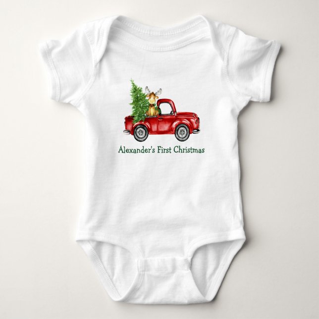 Body Para Bebê Bebê Primeiro Natal Red Truck Tree Moose (Frente)