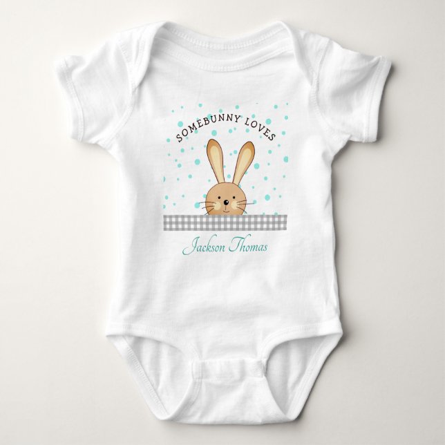 Body Para Bebê Bebê Rapaz Bonito Teal/Cinza De Amor Personalizado (Frente)