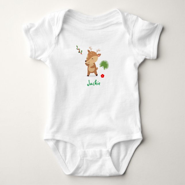 Body Para Bebê Bebê Reindeer de Natal com Flores e Holly (Frente)