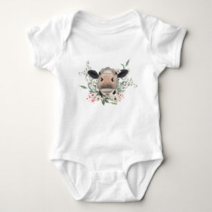 Body Para Bebê beijo de nariz de vaca flores aquarela cinza anima