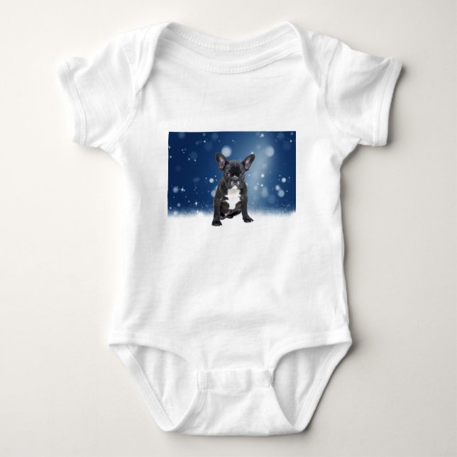 Body Para Bebê Belo Buldogue Francês Estrelas de Neve Azul Natal (Frente)