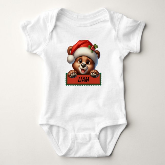 Body Para Bebê Belo Urso de Natal Nome Personalizado Bebê Bodyfat (Frente)
