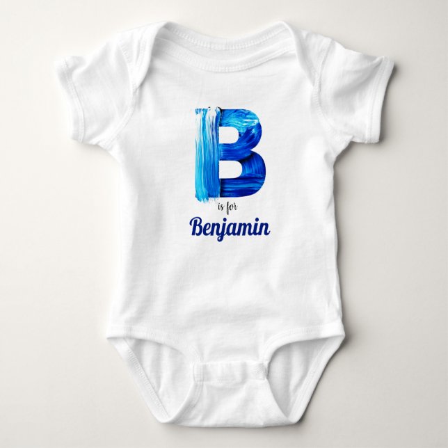Body Para Bebê Benjamin Name Reveal - Letra B Boy Ben Blue Paint (Frente)