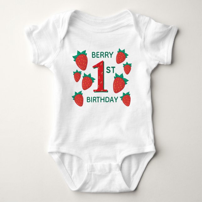 Body Para Bebê Berry First Birthday Strawberry Baby Outfit (Frente)