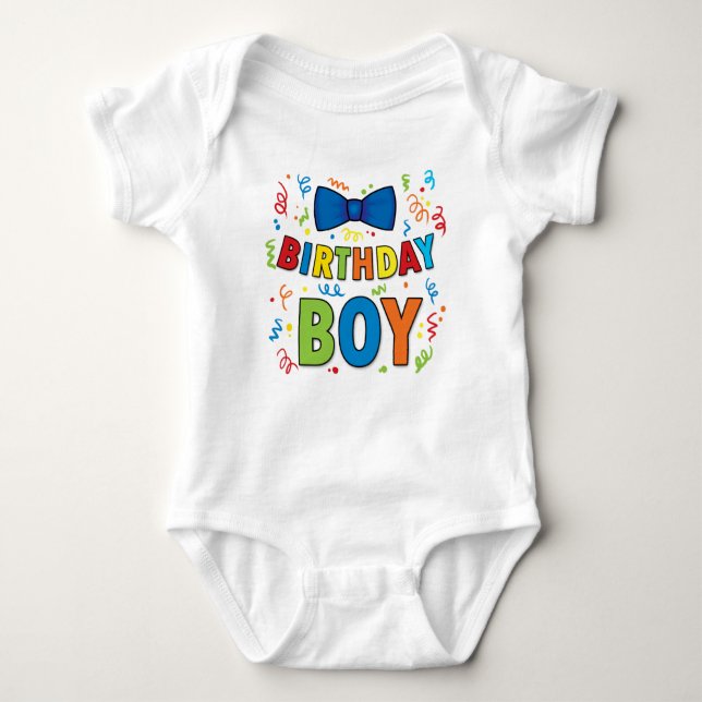 Body Para Bebê Birthday Boy Baby party shirt Arco Tie e confetti (Frente)