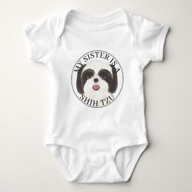 Body Para Bebê Black and White Shih Tzu Big Sister (Frente)