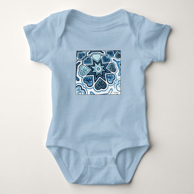 Body Para Bebê Blue Folk Art Hearts Criança Creeper (Frente)