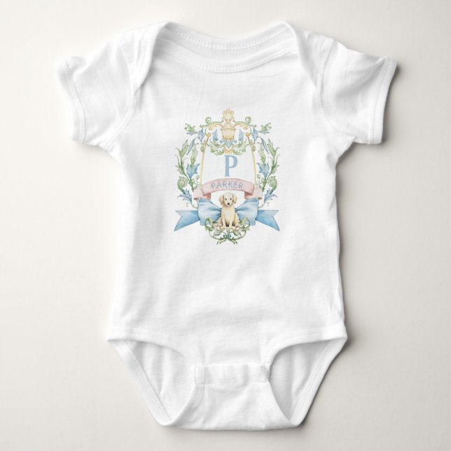 Body Para Bebê Blue Ribbon Puppy Bebê Monograma Crest (Frente)