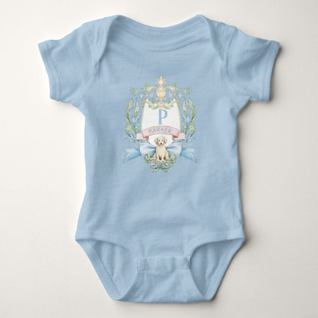 Body Para Bebê Blue Ribbon Puppy Bebê Monograma Crest (Frente)