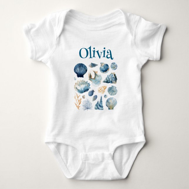 Body Para Bebê Blue Seashell Baby Bodysuit | Custom Name (Frente)