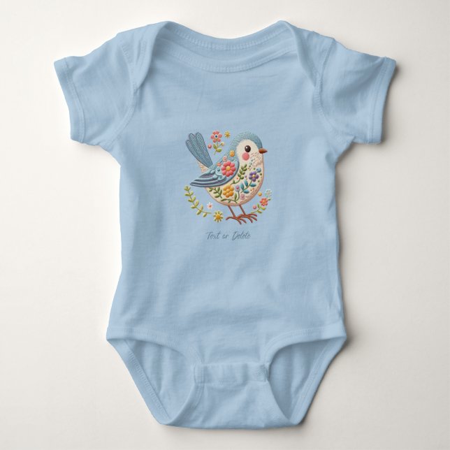 Body Para Bebê Body de Bebê Azul Floral Bordado Little Bird (Frente)