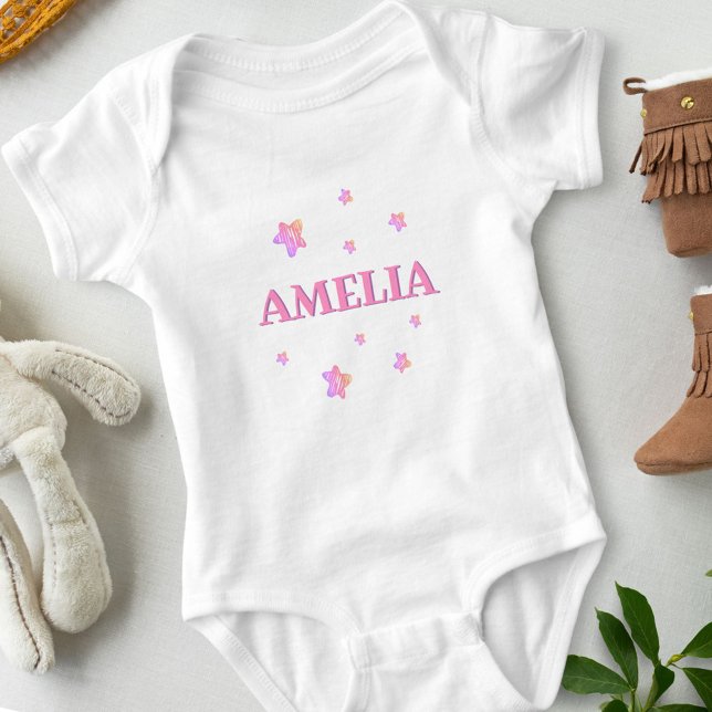 Body Para Bebê Bodysuit Bebê Menina Estrelas Rosa com Nome (Criador carregado)