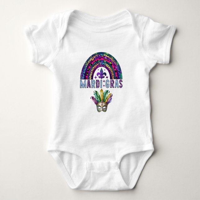 Body Para Bebê Bodysuit de Bebê Mardi Gras Arco-íris e Máscara (Frente)