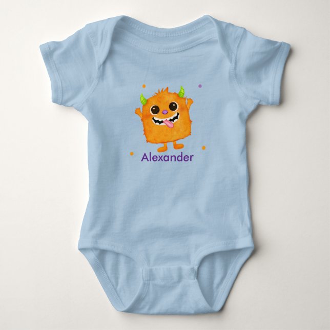 Body Para Bebê Bodysuit de Bebê Nome Personalizado Monstro Fofo (Frente)
