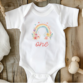 Body Para Bebê Boho Arco-íris Floral Pastel "Um" Primeiro Anivers