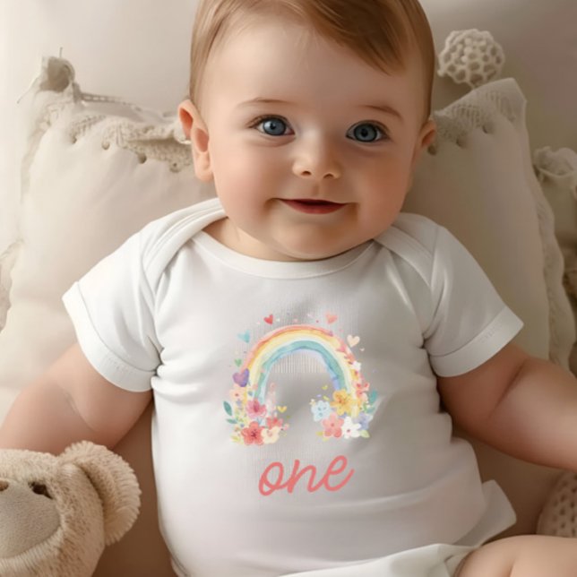 Body Para Bebê Boho Arco-íris Floral Pastel "Um" Primeiro Anivers (boho first birthday, "one" shirt, floral rainbow bodysuit, baby girl birthday, cake smash outfit)