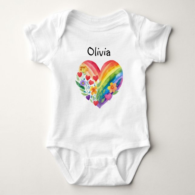 Body Para Bebê Boho Coração Arco-íris Personalizado (Frente)