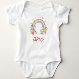 Body Para Bebê Boho Floral Arco-íris Pastel "Um" Primeiro Anivers