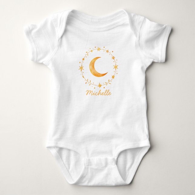 Body Para Bebê Boho Personalizado Aquarela Lua & Estrelas – Fofo  (Frente)