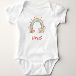 Body Para Bebê Boho Rainbow Floral Pastel "One" Primeiro Aniversá