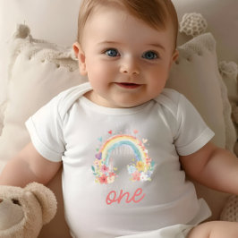 Body Para Bebê Boho Rainbow Floral Pastel "Um" Primeiro Aniversár