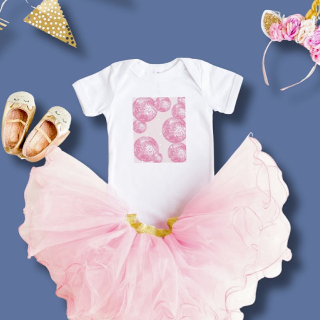 Body Para Bebê Bolas de Discoteca e Estrelas Rosa Retrô, Retrô Fe (Criador carregado)