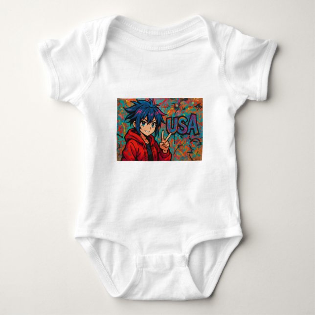 Body Para Bebê Bold Red Anime USA Graphic T-Shirt (Frente)