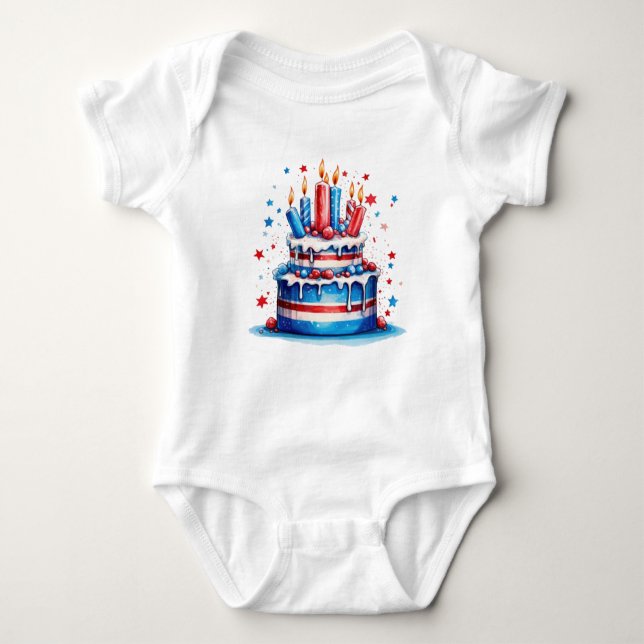 BODY PARA BEBÊ BOLO ANIVERSÁRIO PATRIÓTICO VERMELHO AZUL-AMERICAN (Frente)