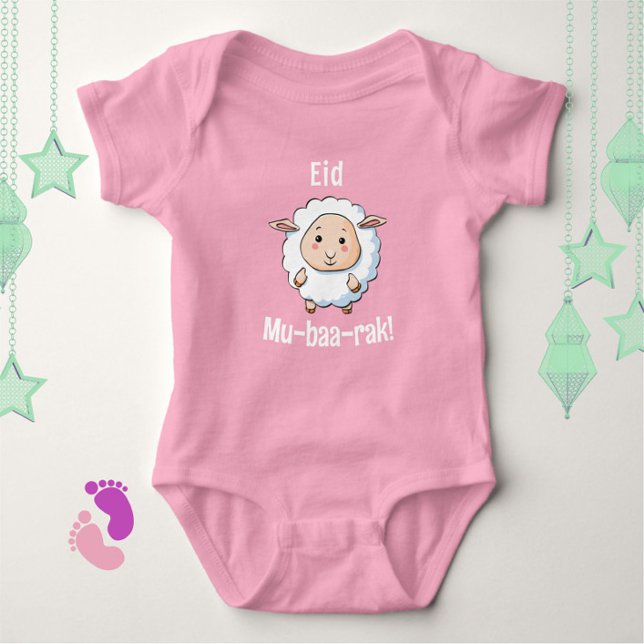 Body Para Bebê Bonita "Eid Mubarak" Bebê Rosa Rosa Bodysim (A cute, funny baby bodysuit for Eid! A cartoon sheep wishes you "Eid Mu-baa-rak!")