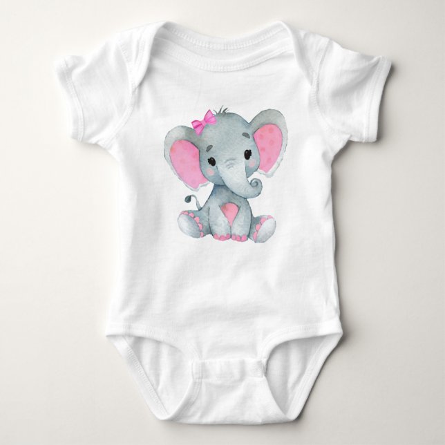 Body Para Bebê Bonita menina elefante com roupa rosada (Frente)