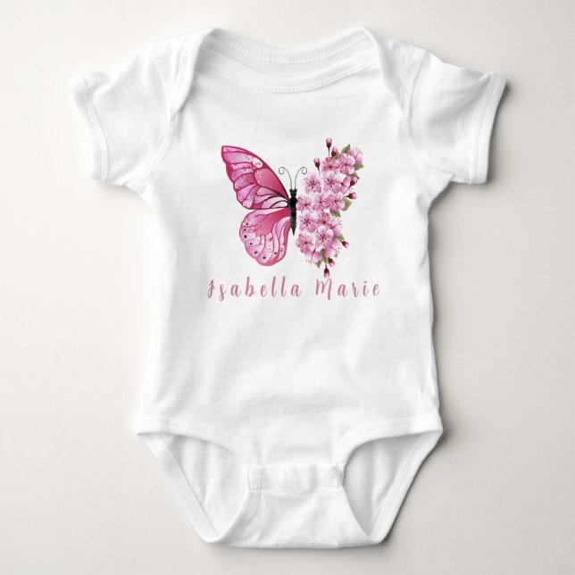 Body Para Bebê Borboleta Rosa Nome Personalizado Roupa de Bebê Mo (Frente)