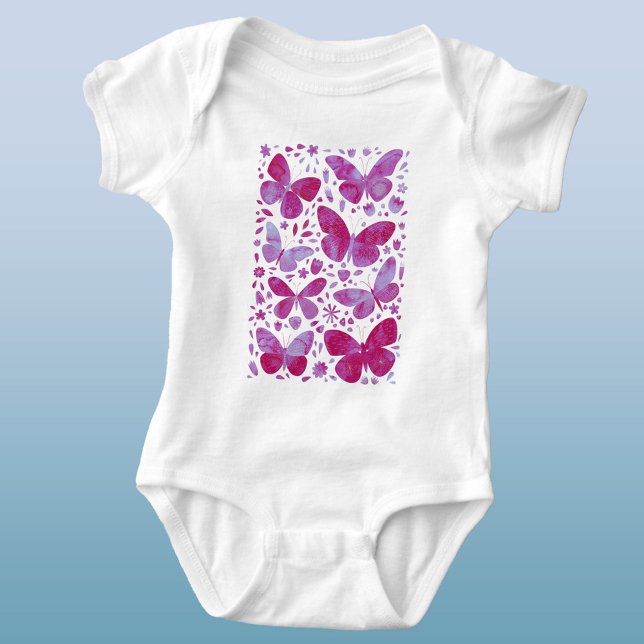 Body Para Bebê Borboletas Aquarela Magenta Rosa (Magenta pink watercolor butterfly baby bodysuit)