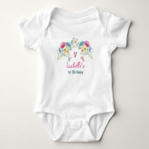 Body Para Bebê Borboletas e flores azuis cor-de-primeiro aniversa