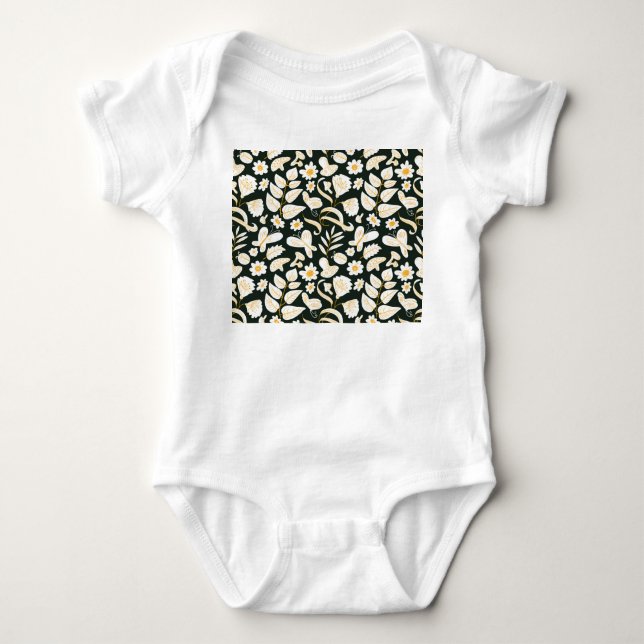 Body Para Bebê Borboletas e flores: Padrão de Verão de Doodle. (Frente)