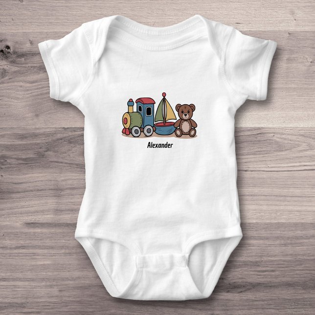 Body Para Bebê Brinquedos de madeira com trem, veleiro e ursinho (Wooden Toys with train, sailboat, and teddy bear Baby Bodysuit)