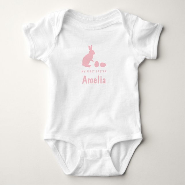 Body Para Bebê Bunny And Eggs In Pink With Name My First Easter (Frente)