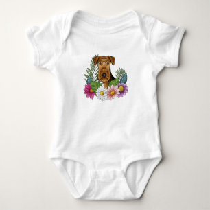 Body Para Bebê Cabeça de Cão Airedale Terrier Colorida Flores Bon