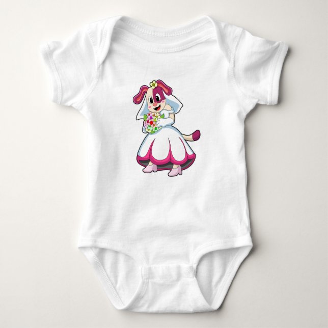 Body Para Bebê Cachorro como noiva com vestido e flores de casame (Frente)