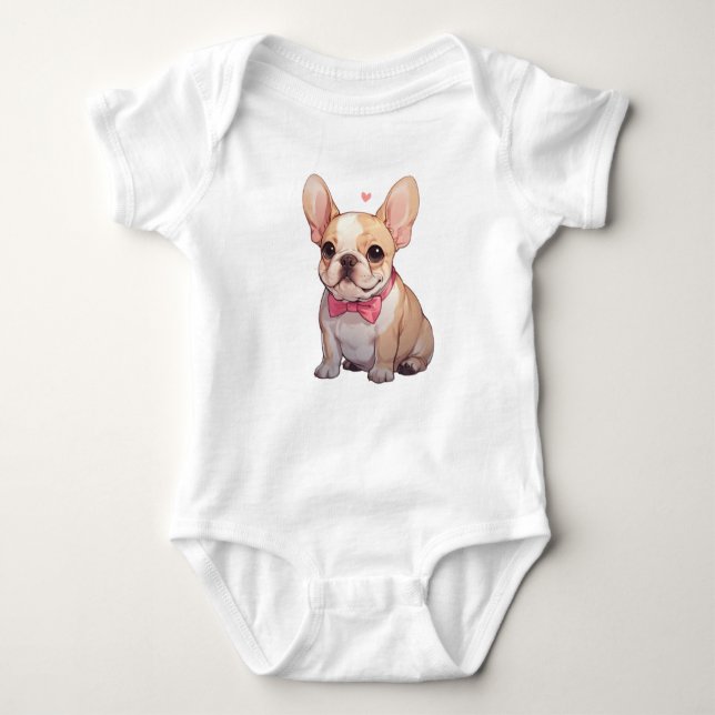 Body Para Bebê Cachorro francês bonito com gravata rosa (Frente)